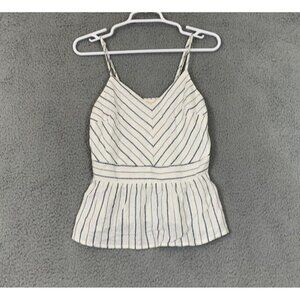 Monteau V Neck Striped Linen Babydoll Tank Top Peplum Hem Women's Size Small